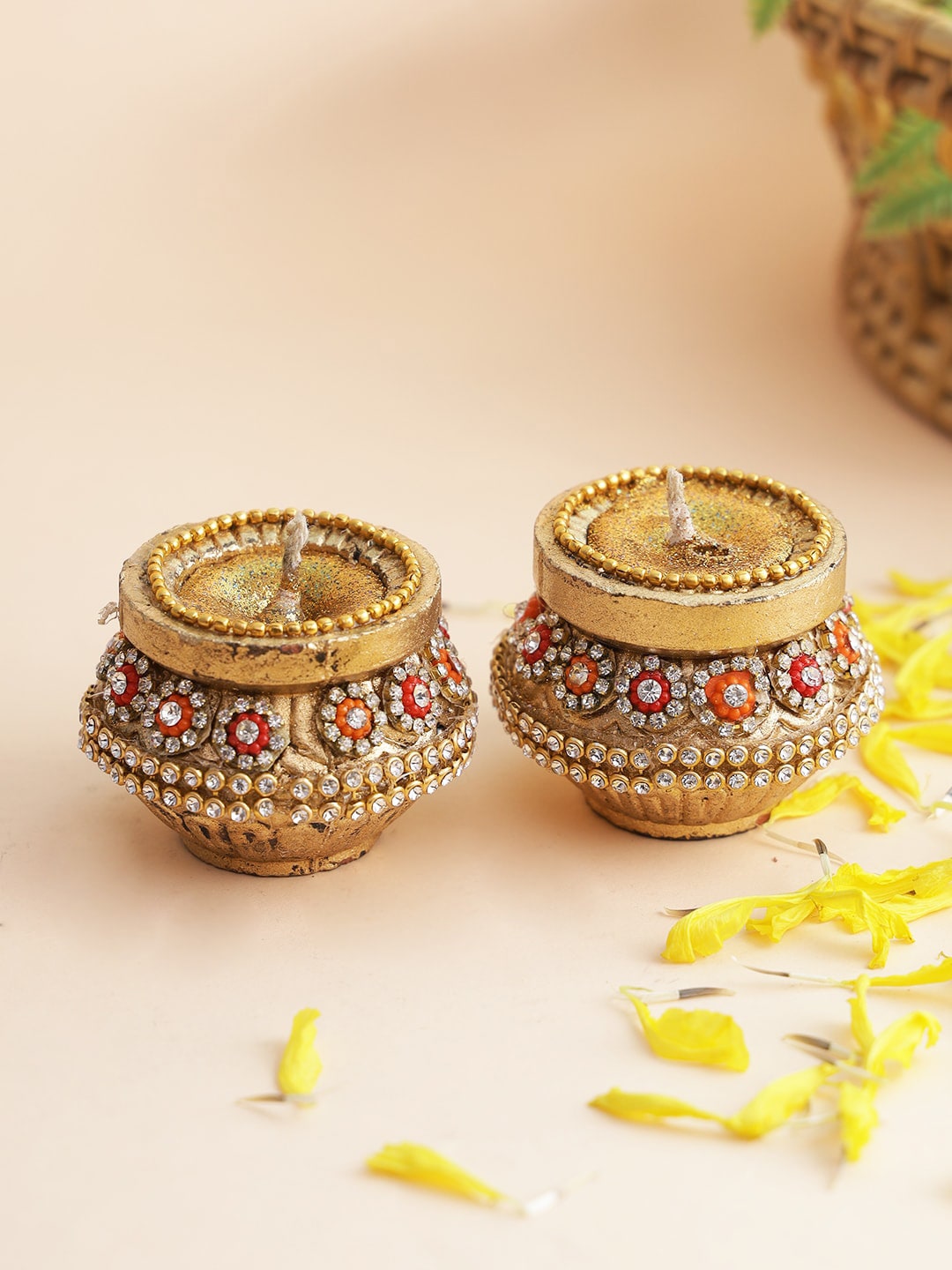Aapno Rajasthan Set Of 2 Gold-Toned Handmade Terracotta Diyas Price in India