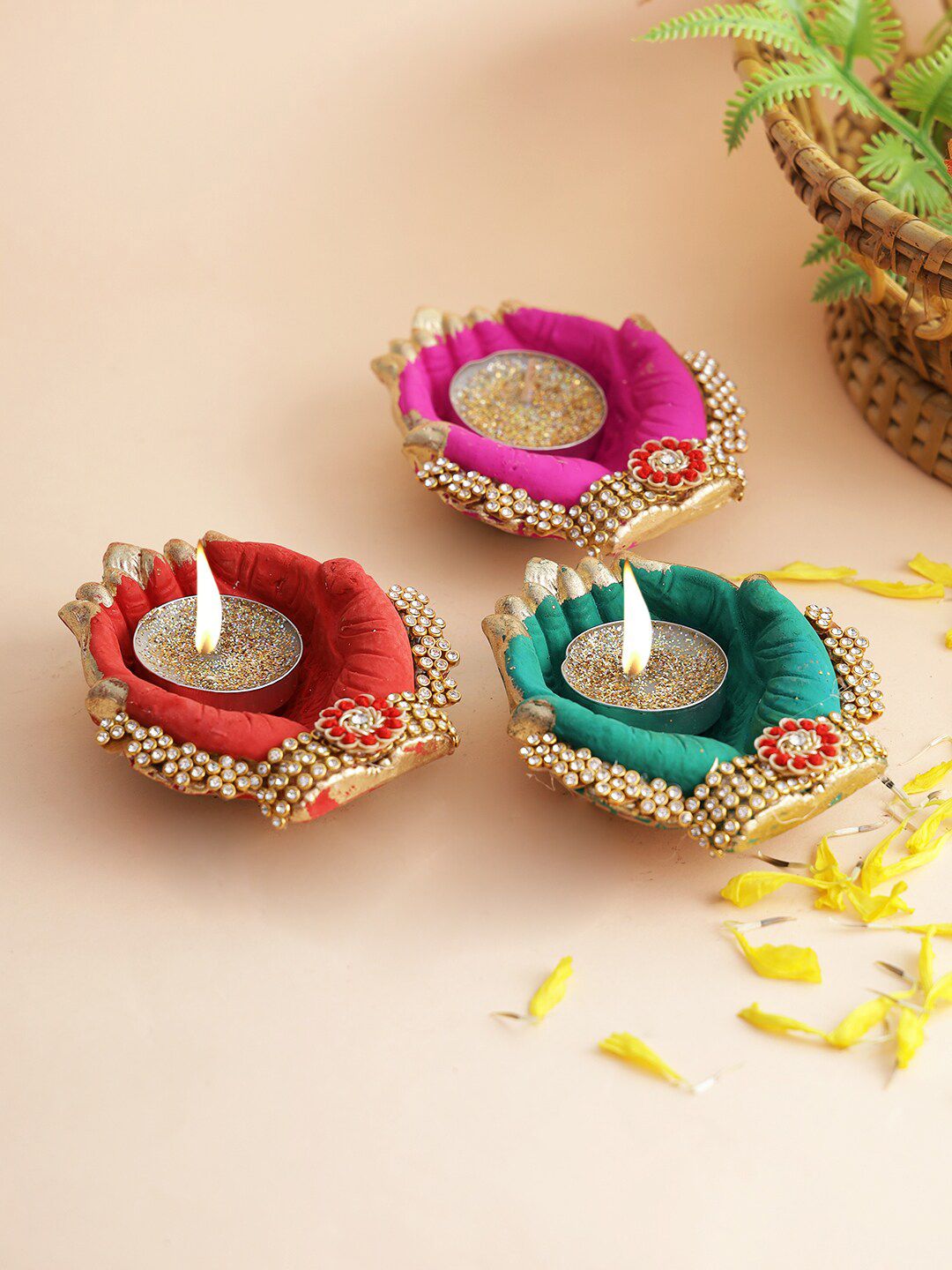 Aapno Rajasthan Set Of 3 Hand Shape Diyas With Tealights Price in India