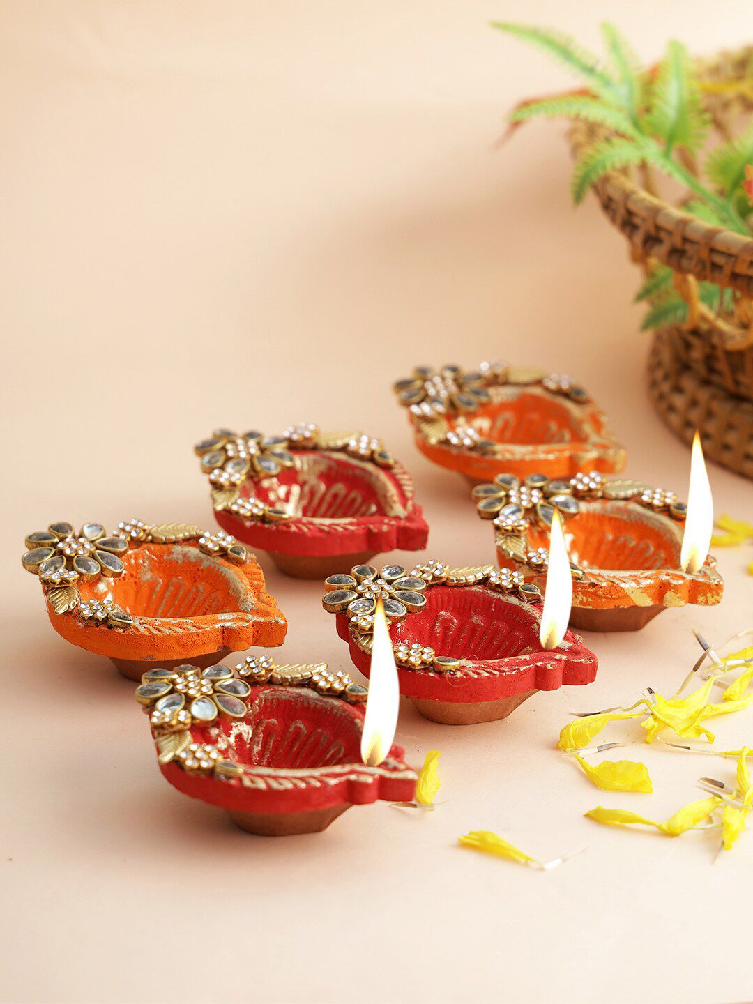 Aapno Rajasthan Set Of 6 Red & Orange-Colored Handmade Terracotta Diyas Price in India