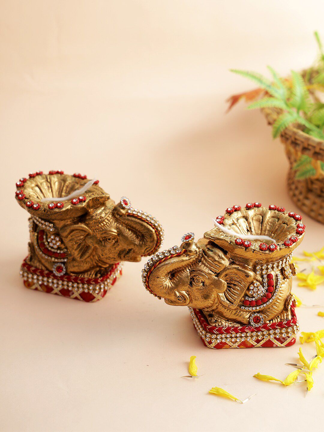 Aapno Rajasthan Set Of 2 Gold-Colored Red Elephant Shape Diyas with Stone Emballishment Price in India