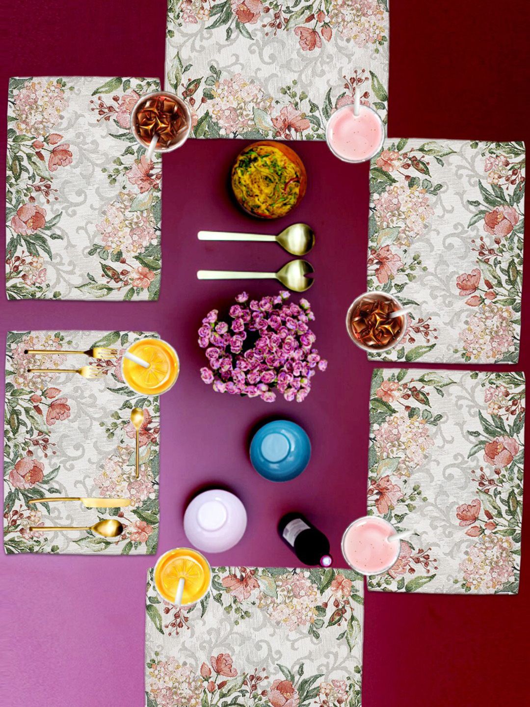 AVI Living Set Of 6 Pink Floral Rectangle Dining Table Mats Price in India