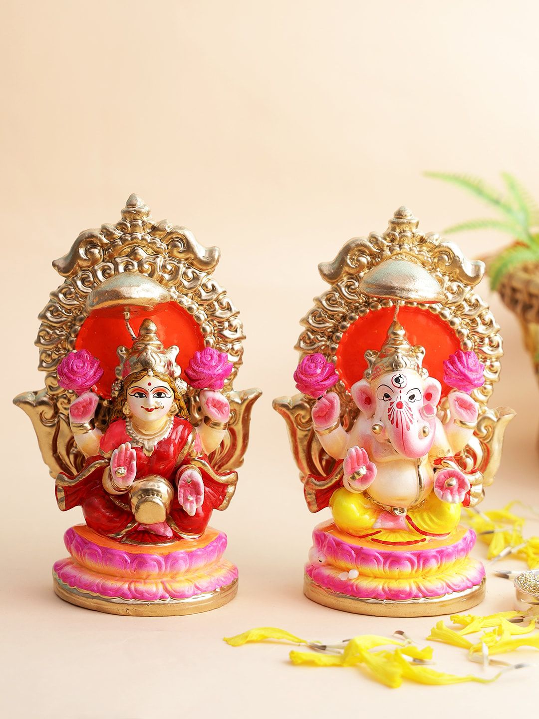 Aapno Rajasthan Gold-Colored Pink Laxmi Ganesh Idol Set Sitting On Throne Price in India