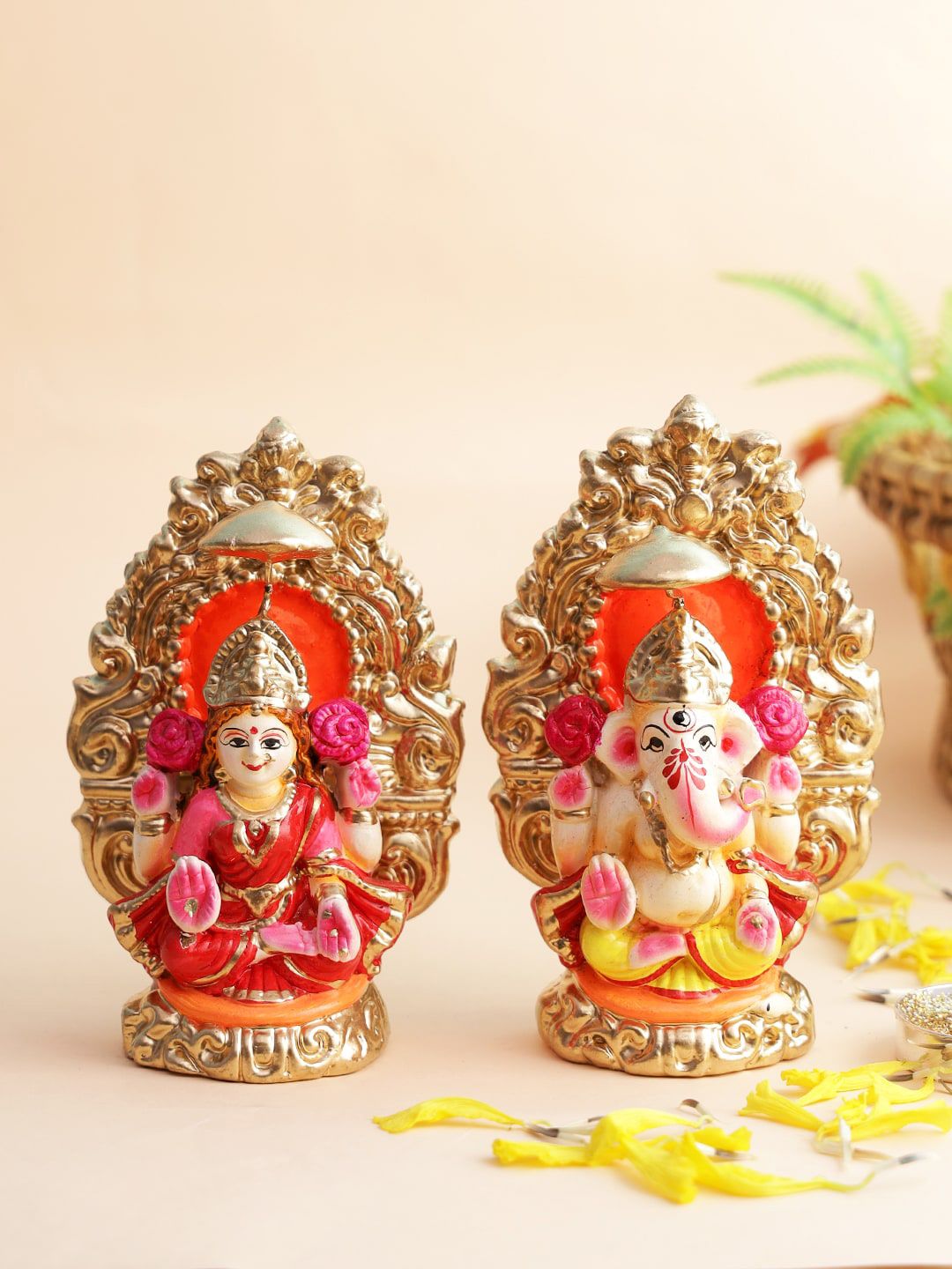 Aapno Rajasthan Gold-Colored Pink Handcrafted Laxmi Ganesh Idol set Price in India