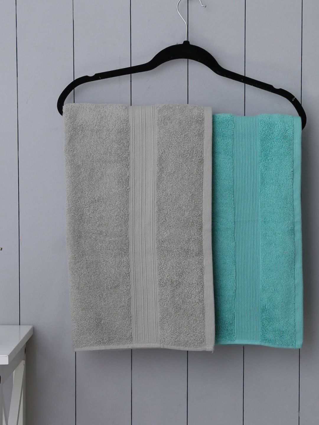 Home Centre Set Of 2 Grey & Blue Solid 380 GSM Cotton Bath Towel Price in India