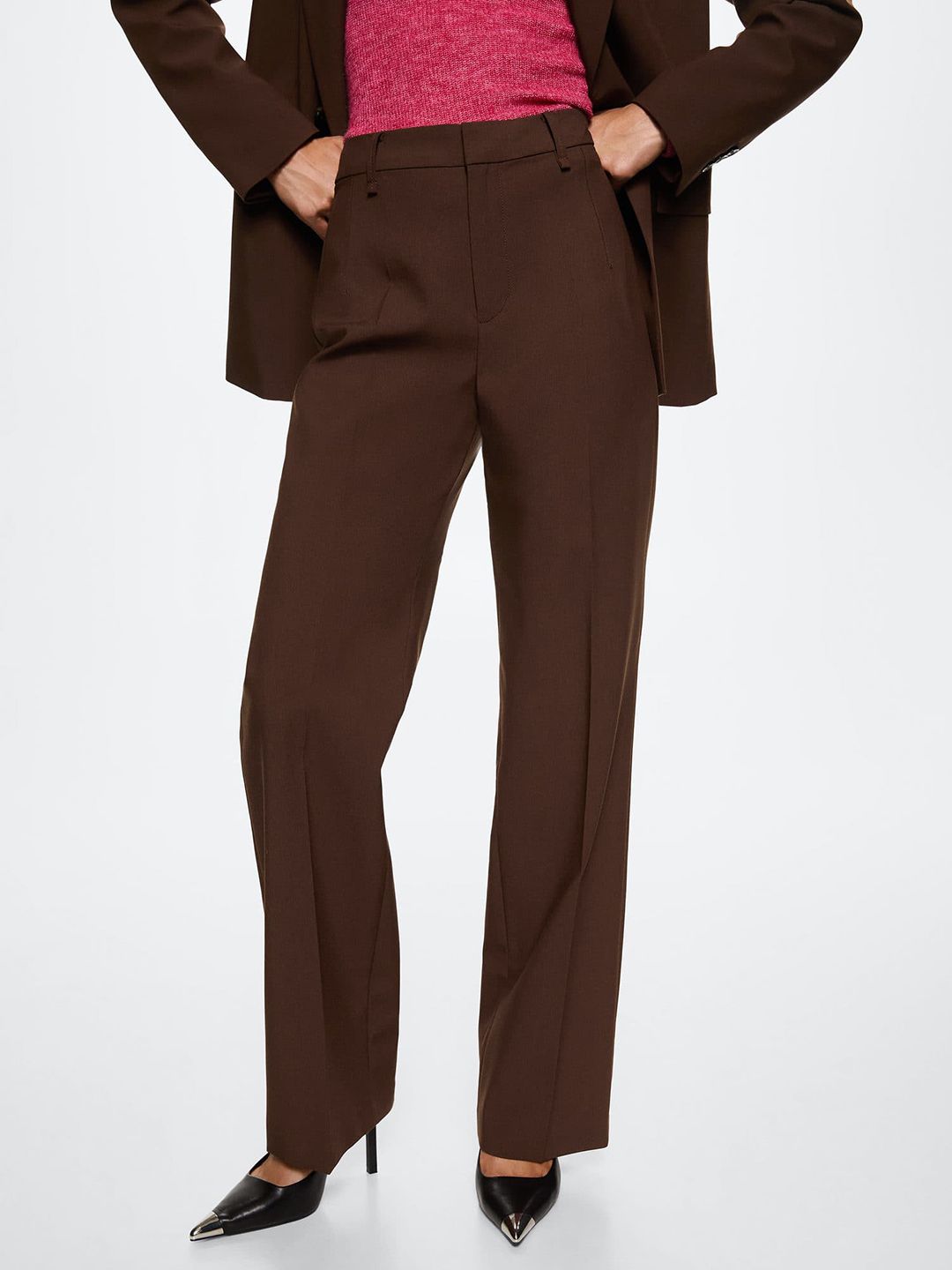 MANGO Women Brown Solid Straight Fit Sustainable Trousers Price in India