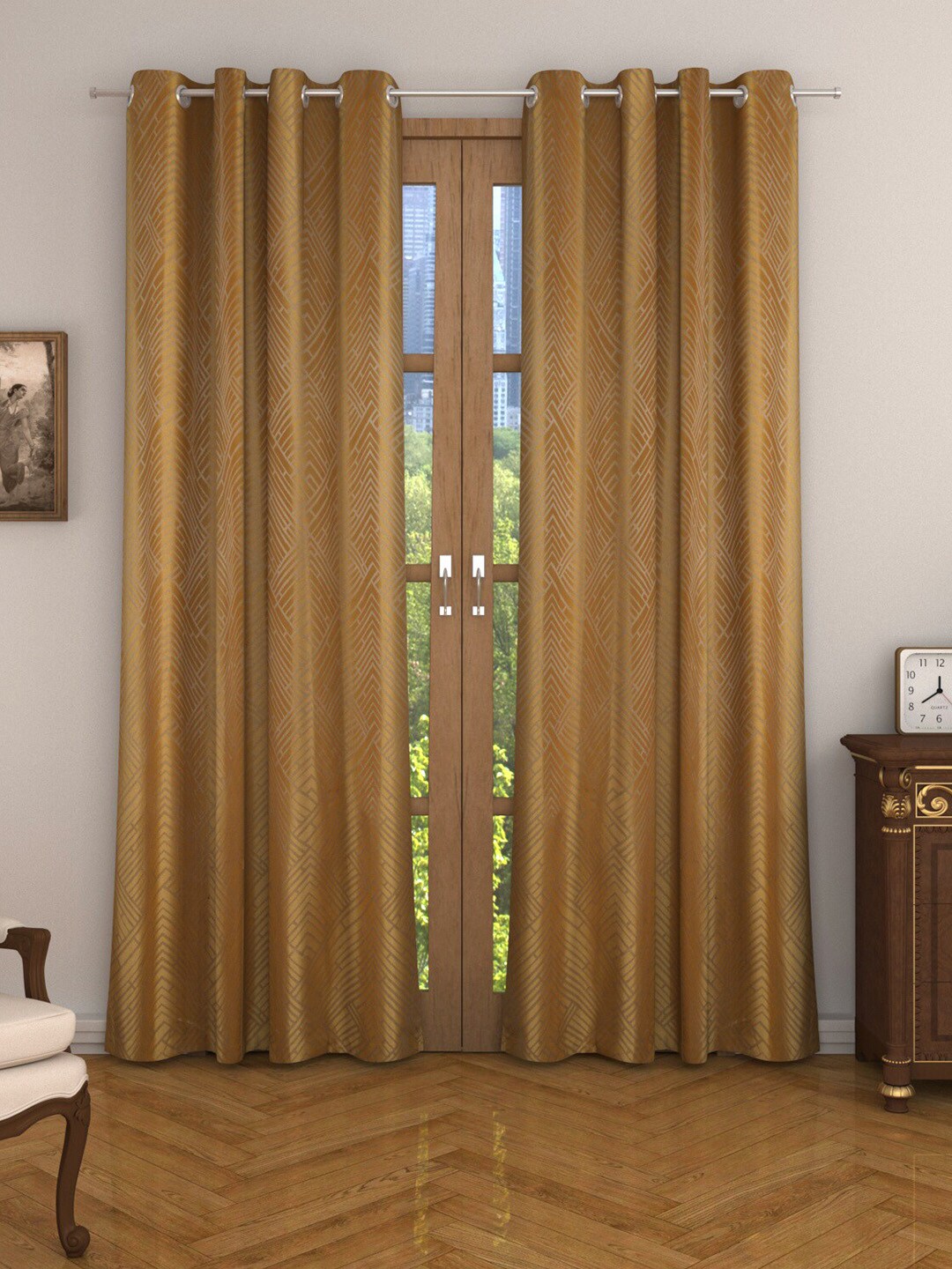HomeTown Mustard Set of 2 Striped Black Out Door Curtain Price in India