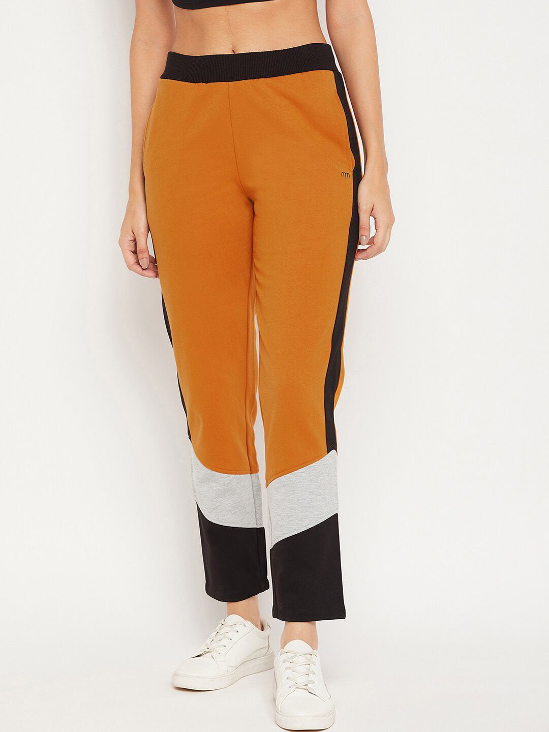 Madame Women Tan Colorblocked Cotton Track Pants Price in India