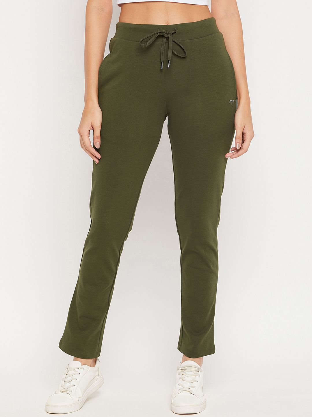 Madame Women Olive-Green Solid Cotton Track Pant Price in India