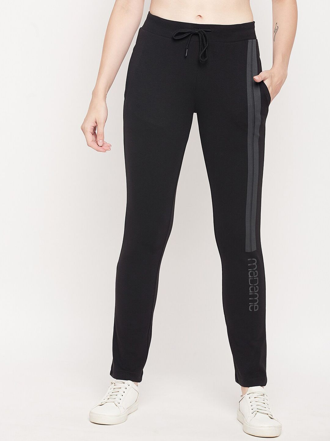 Madame Women Black Solid Cotton Track Pants Price in India