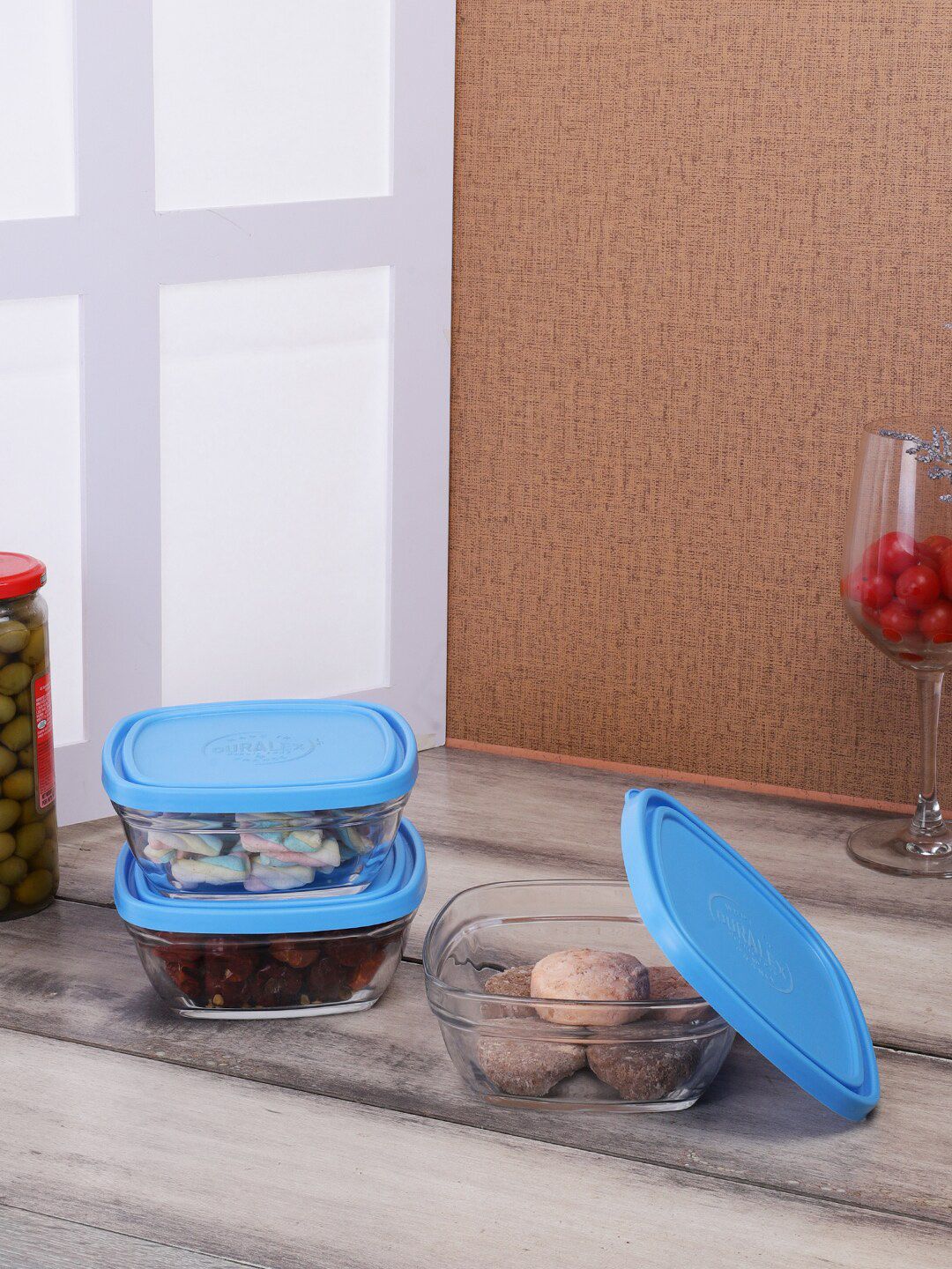 DURALEX Set Of 3 Blue & Transparent Solid Kitchen Storage With Lid Price in India