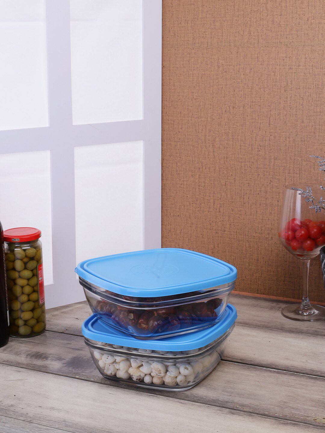 DURALEX Set Of 2 Blue & Transparent Solid Glass Food Storage Container Price in India