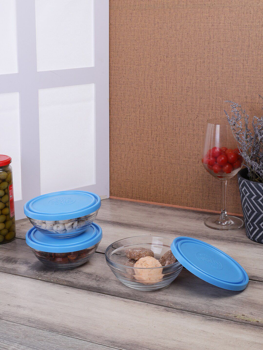 DURALEX Set Of 3 Blue & Transparent Solid Food Containers With Lid Price in India