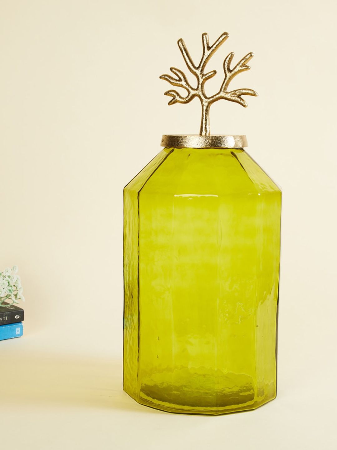 Home Centre Splendid Green & Gold Toned Solid Ceramic Jar With Metal Lid Price in India