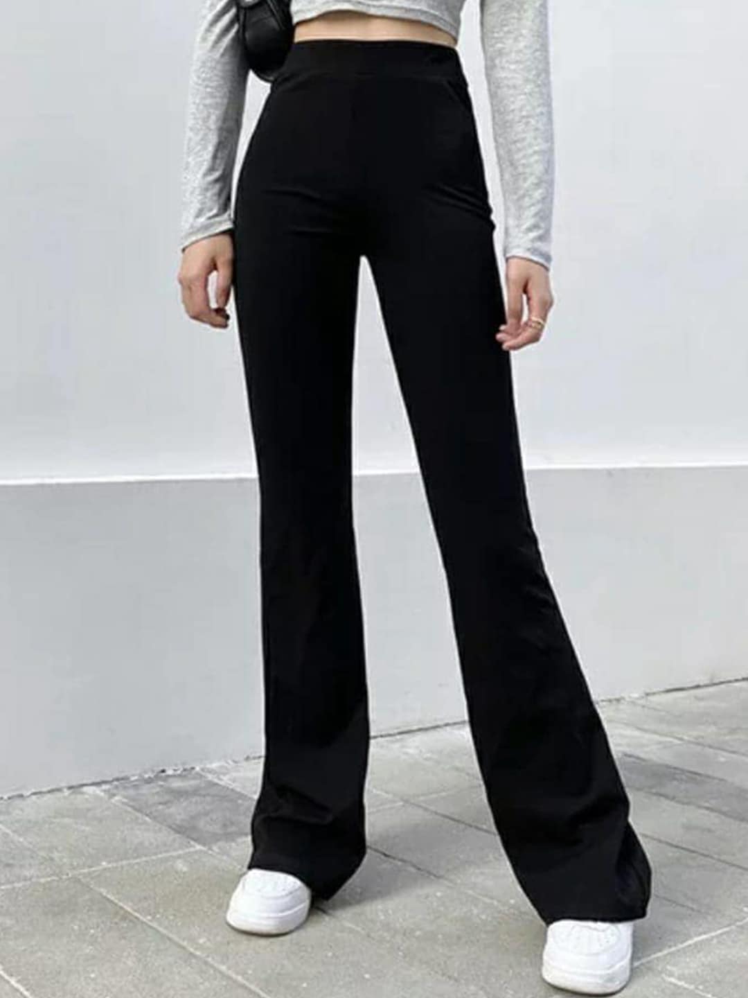 Next One Women Black Relaxed Straight Leg Flared High-Rise Stretchable Trousers Price in India