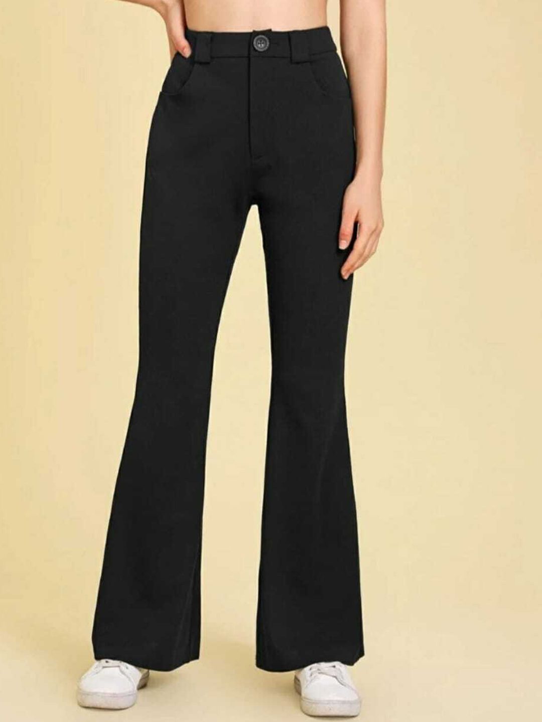 Next One Women Black Relaxed Straight Leg Flared High-Rise Stretchable Trousers Price in India