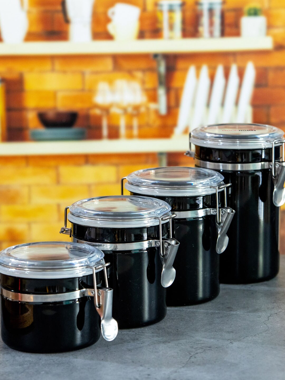 GOODHOMES Set Of 4 Black Solid Stainless Steel Canisters With Lid Price in India
