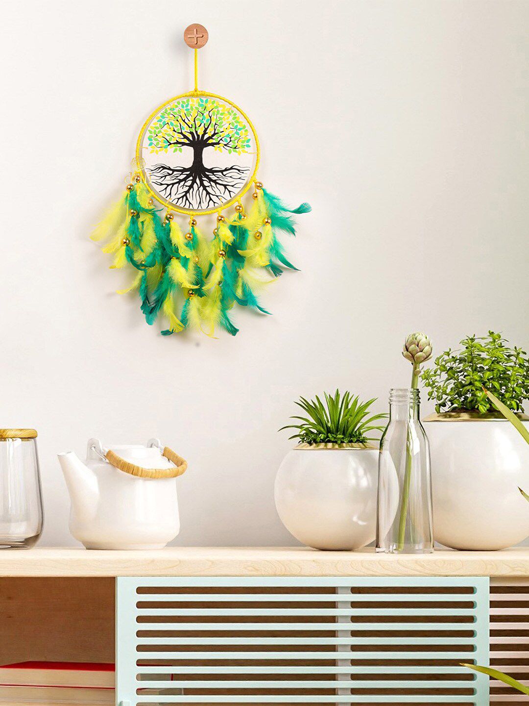 DULI Green & Yellow Hanging Tree of Life  & Feathers Dream Catcher Windchime Price in India