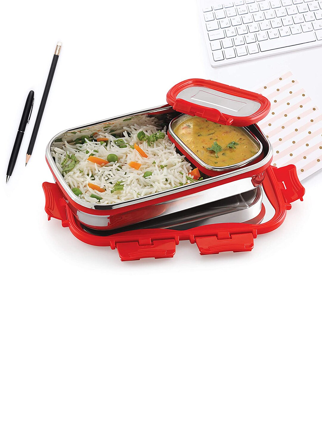 Cello Red Solid Stainless Steel Lunch Box Price in India