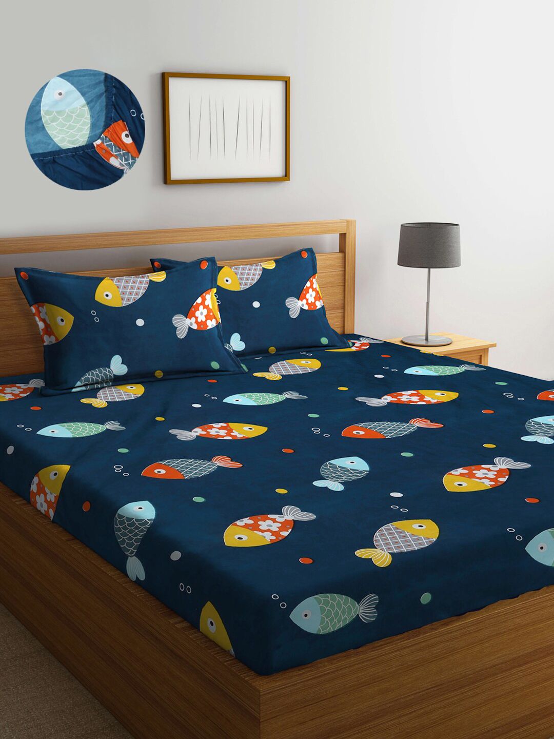 KLOTTHE KLOTTHE Jersey Navy Blue Conversational Polycotton 300 TC Fitted King Fine Bedsheet with 2 Pillow Covers-98 x 89 inches