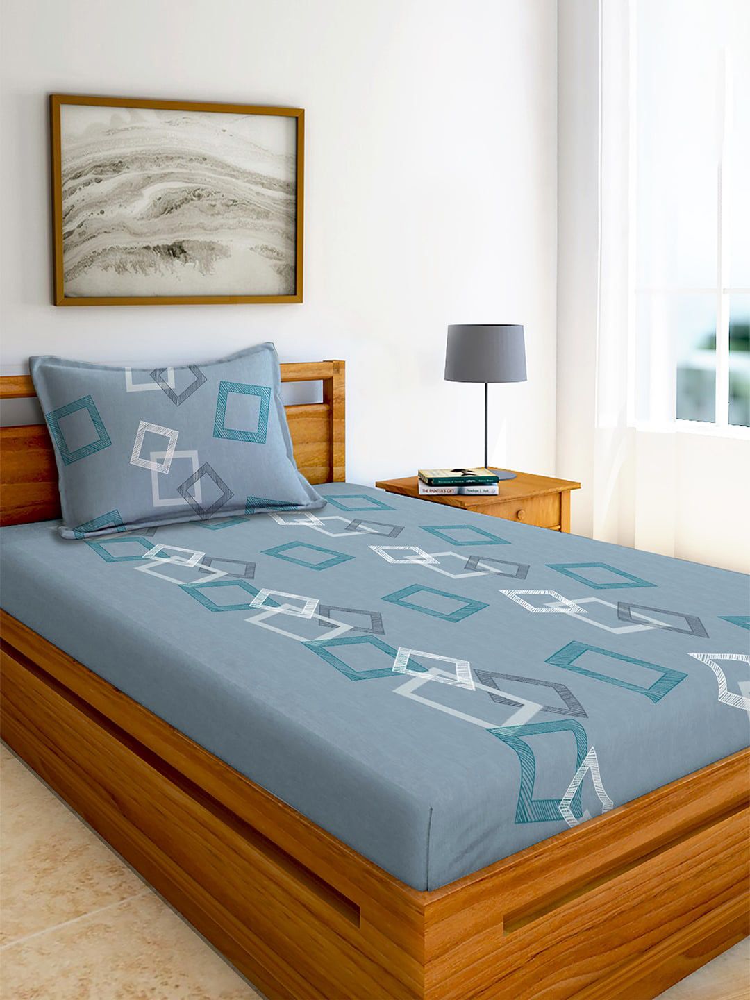 AEROHAVEN Blue & White Geometric 210 TC Single Bedsheet with 1 Pillow Covers Price in India