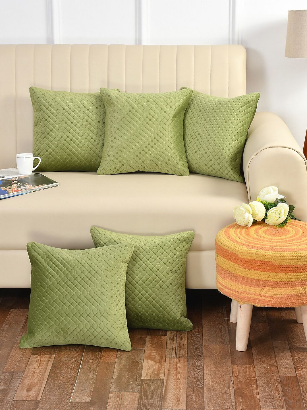Bajo's Lime Green Set of 5 Checked Square Cushion Covers Price in India