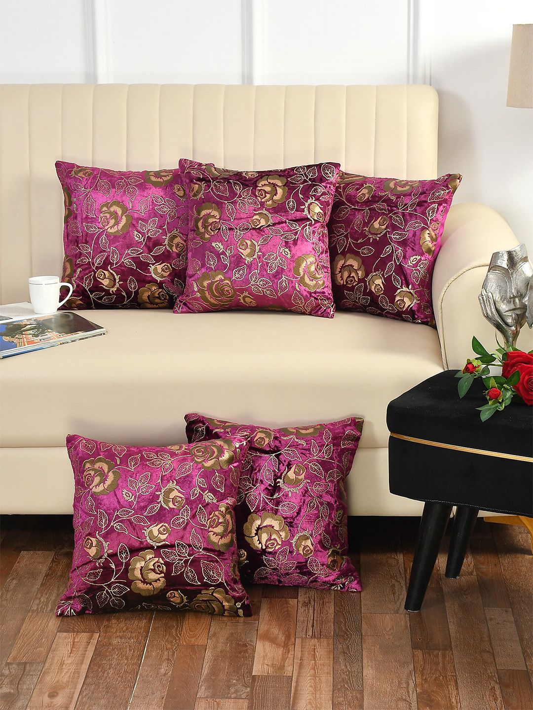 Bajo's Purple & Gold-Toned Set of 5 Floral Square Cushion Covers Price in India