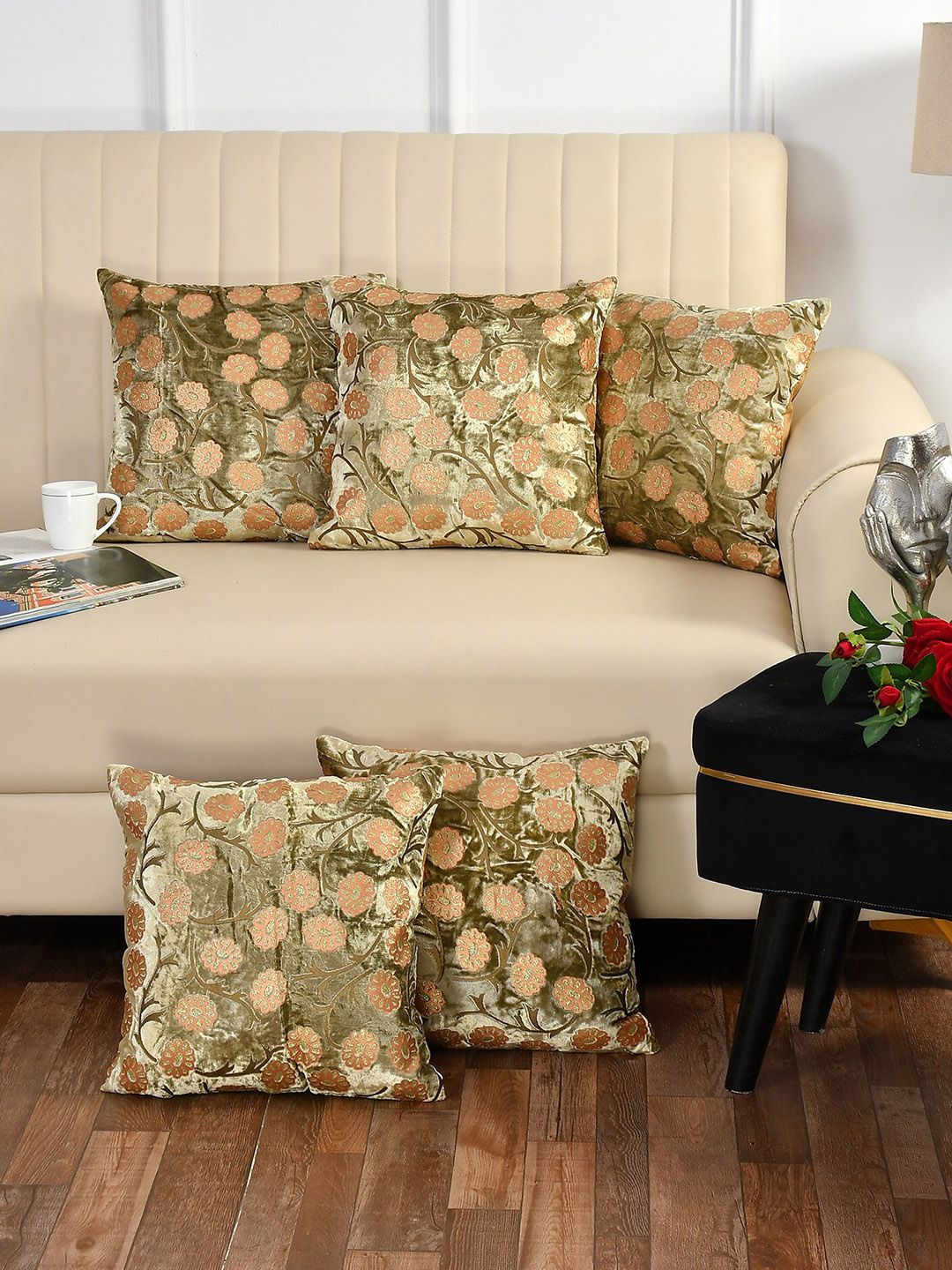 Bajo's Gold-Toned & Peach-Coloured Set of 5 Floral Square Cushion Covers Price in India