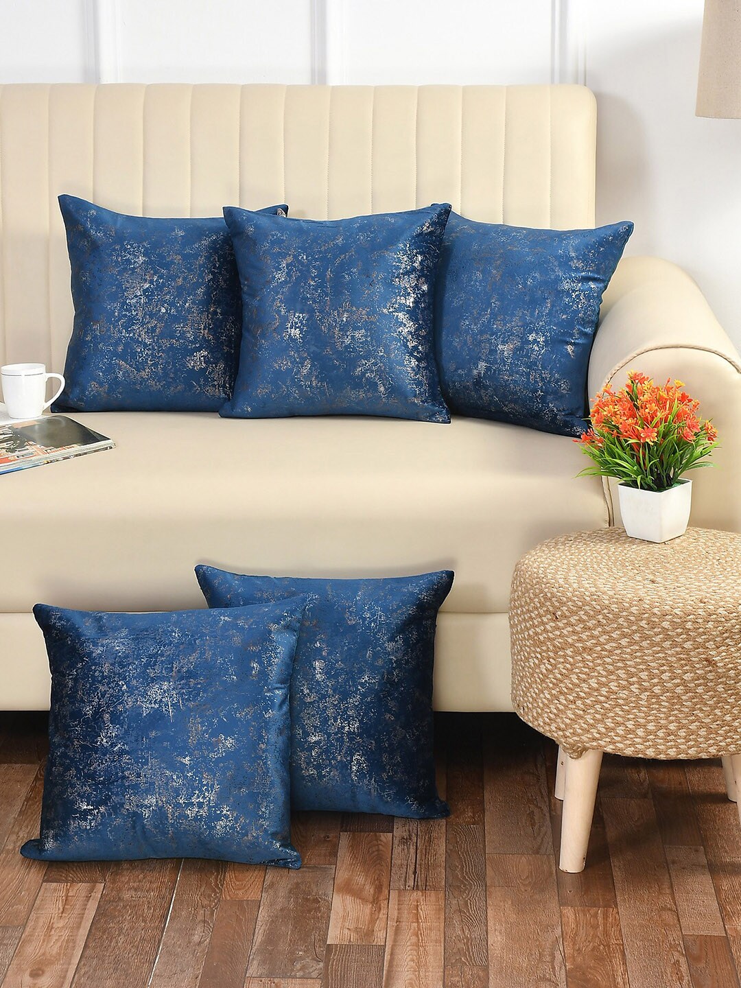 Bajo's Blue & White Set of 5 Abstract Square Cushion Covers Price in India