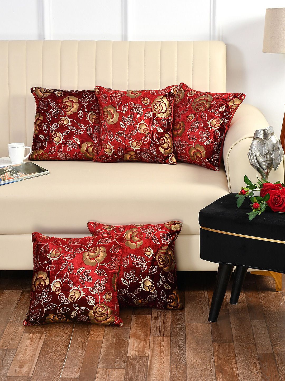 Bajo's Maroon & Silver-Toned Set of 5 Floral Square Cushion Covers Price in India