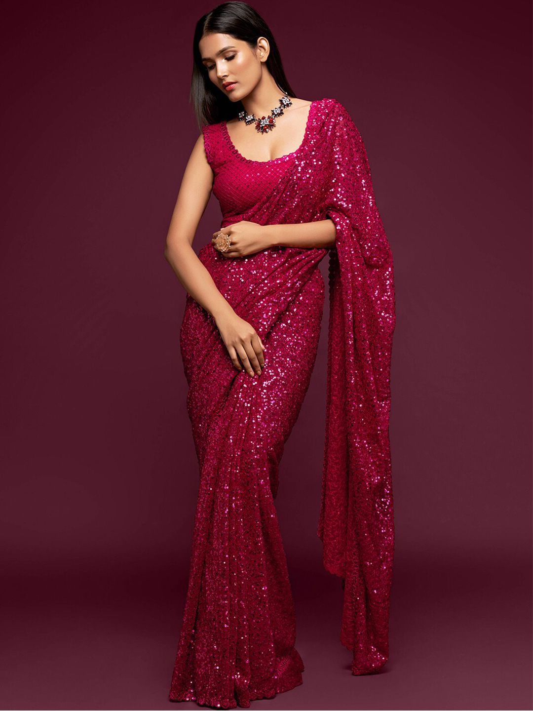 FABPIXEL Pink Embellished Sequinned Pure Georgette Saree Price in India
