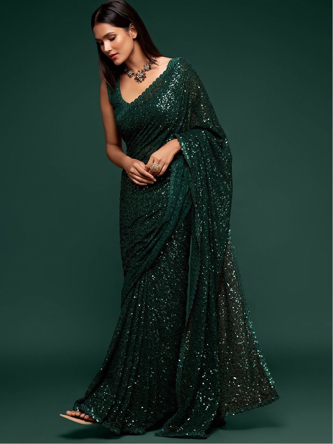 FABPIXEL Green Embellished Sequinned Pure Georgette Saree Price in India
