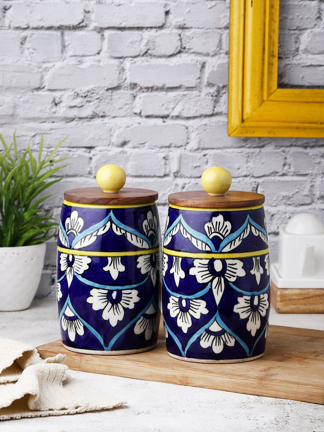 VarEesha Set Of 2 Blue & White Printed Glass Storage Jar With Lid Price in India