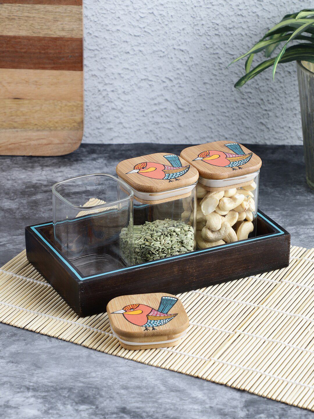 VarEesha Set of 3 Printed Glass Jars with Wooden Tray Price in India