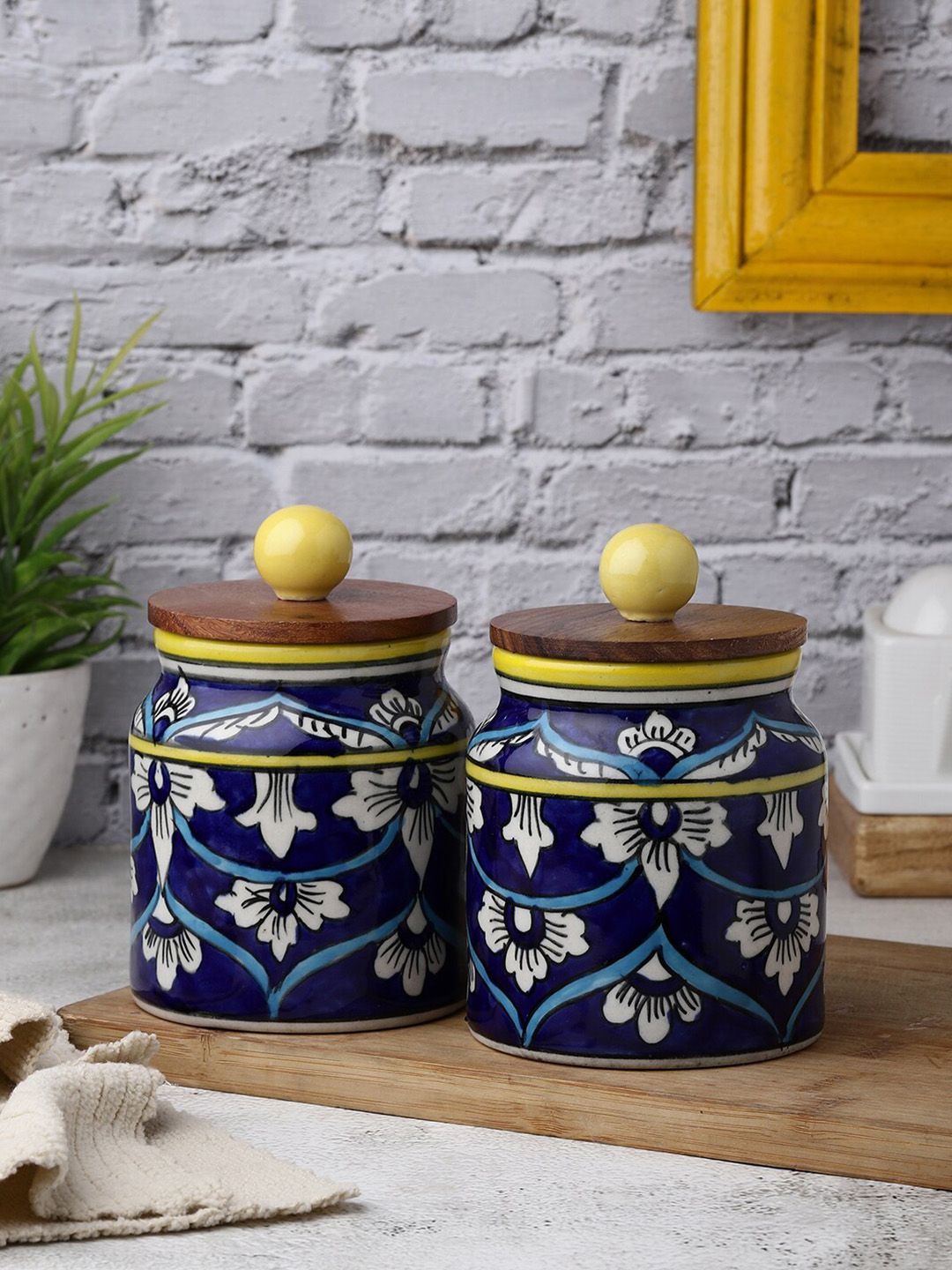 VarEesha Set Of 2 White & Blue Ceramic Air Tight Jars With Wooden Lids Price in India