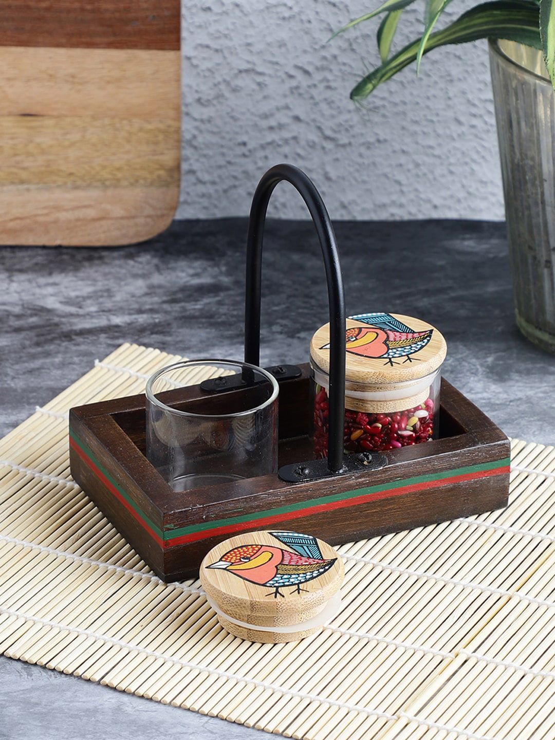 VarEesha Set Of 3 Transparent & Beige Hand-Painted Glass Jars With Hand Painted Wooden Lids & Tray Price in India