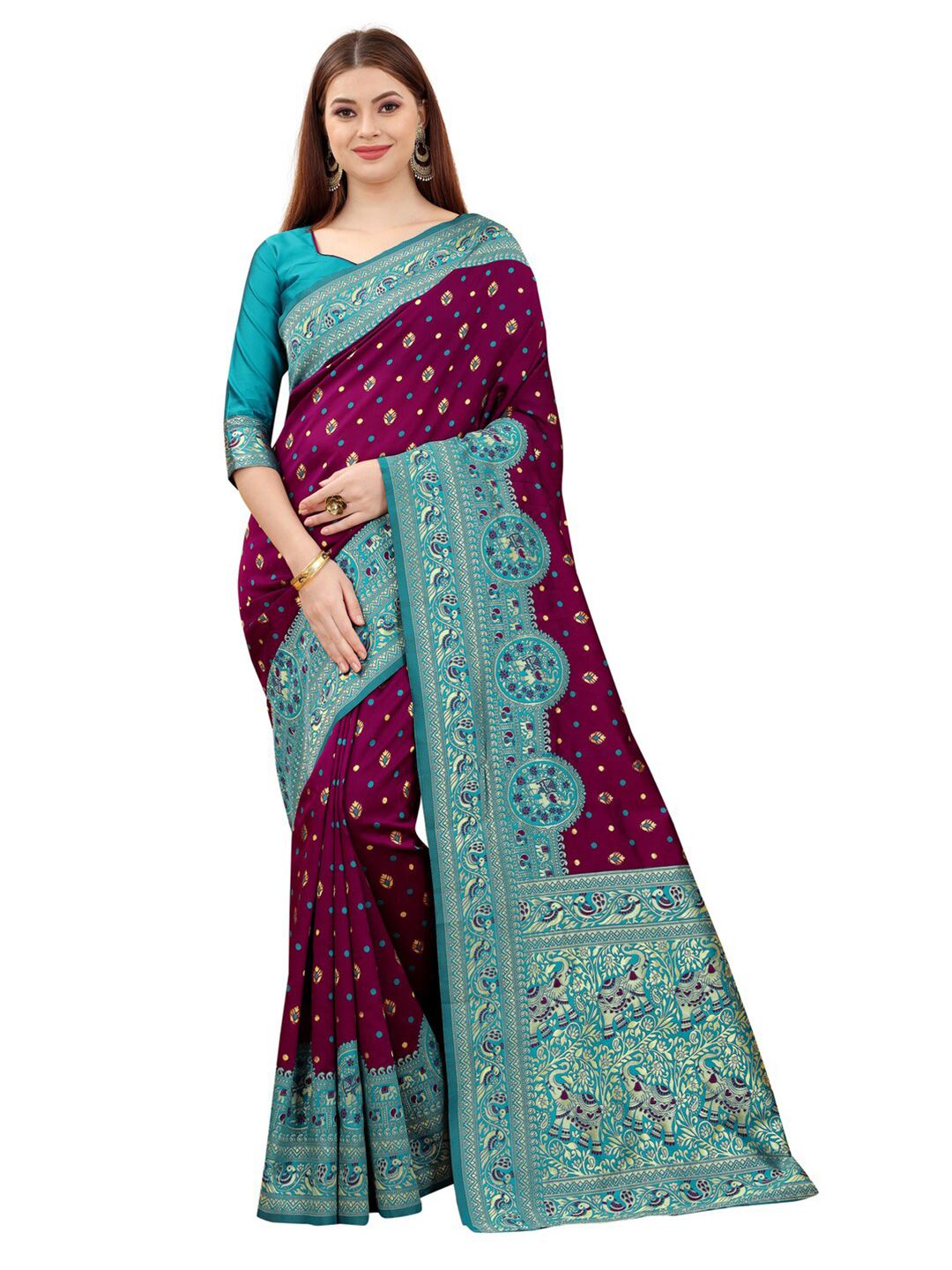 MOKSHA DESIGNS Burgundy & Turquoise Blue Woven Design Zari Pure Silk Kanjeevaram Saree Price in India