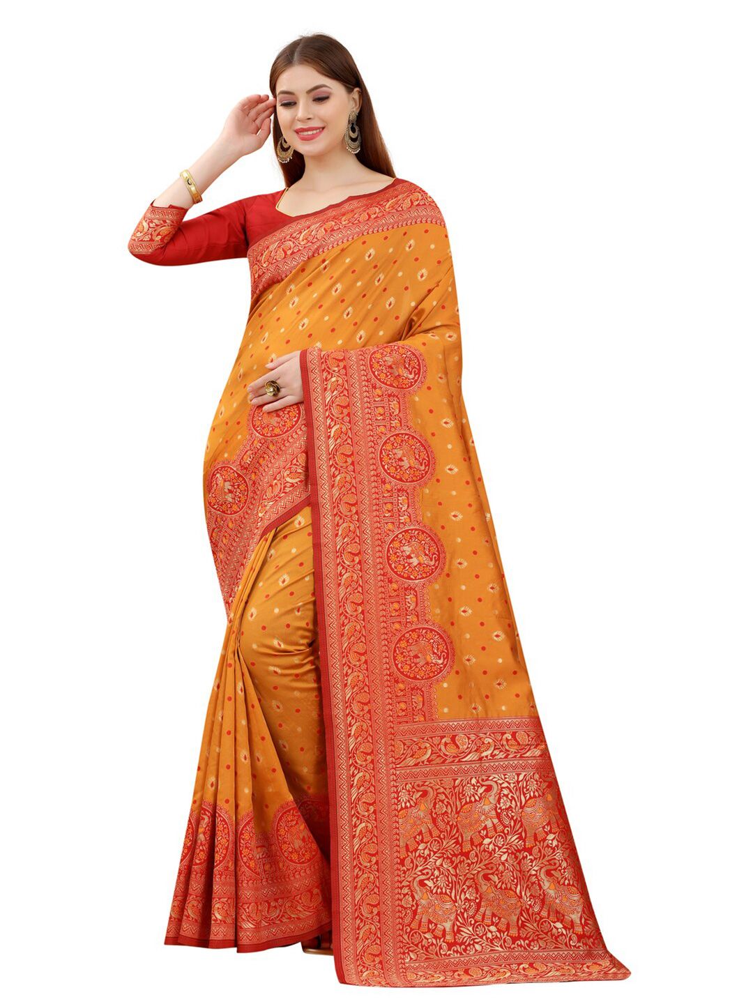 MOKSHA DESIGNS Red & Mustard Ethnic Motifs Zari Pure Silk Kanjeevaram Saree Price in India