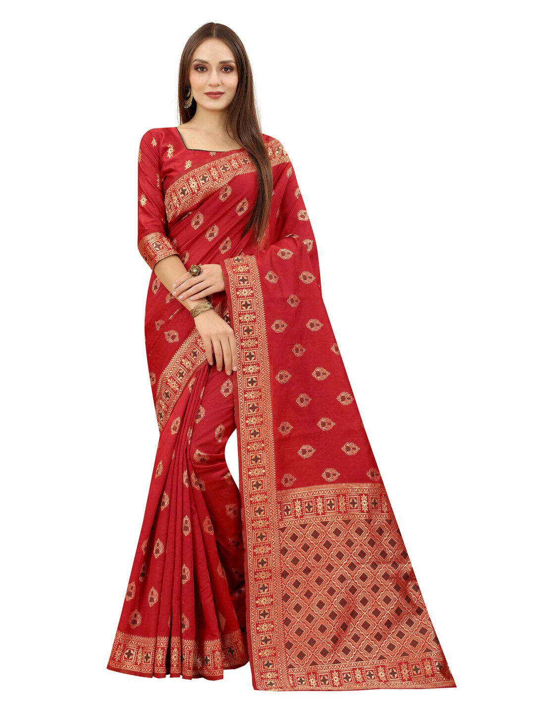 MOKSHA DESIGNS Red & Gold-Toned Woven Design Pure Silk Kanjeevaram Saree Price in India