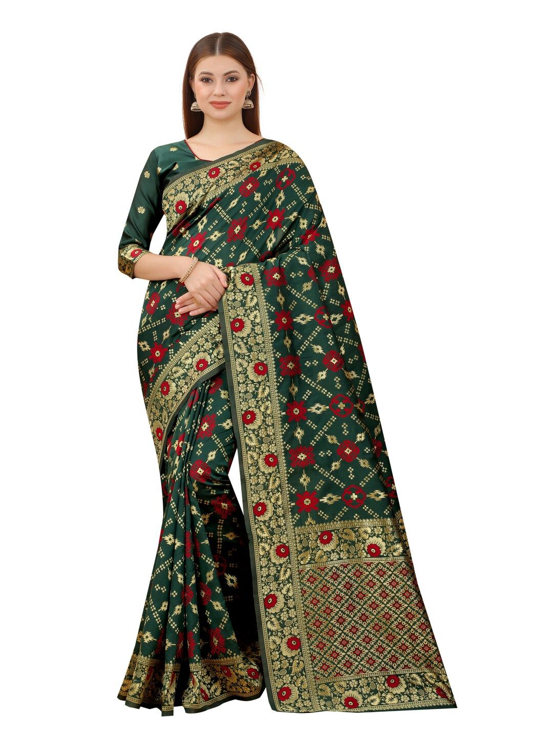 MOKSHA DESIGNS Green & Red Woven Design Pure Silk Kanjeevaram Saree Price in India