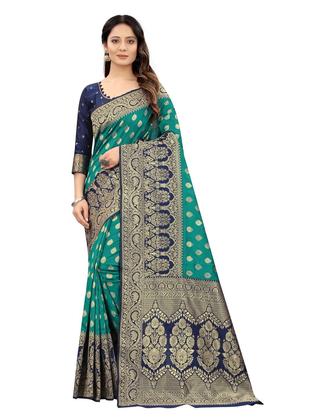 MOKSHA DESIGNS Green & Navy Blue Woven Design Zari Pure Silk Kanjeevaram Saree Price in India