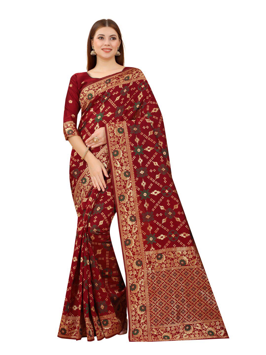 MOKSHA DESIGNS Maroon & Green Ethnic Motifs Zari Pure Silk Kanjeevaram Saree Price in India