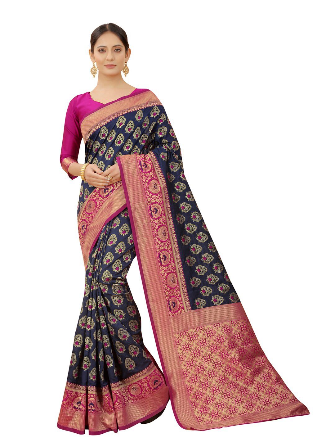 MOKSHA DESIGNS Navy Blue & Red Ethnic Motifs Zari Pure Silk Kanjeevaram Saree Price in India