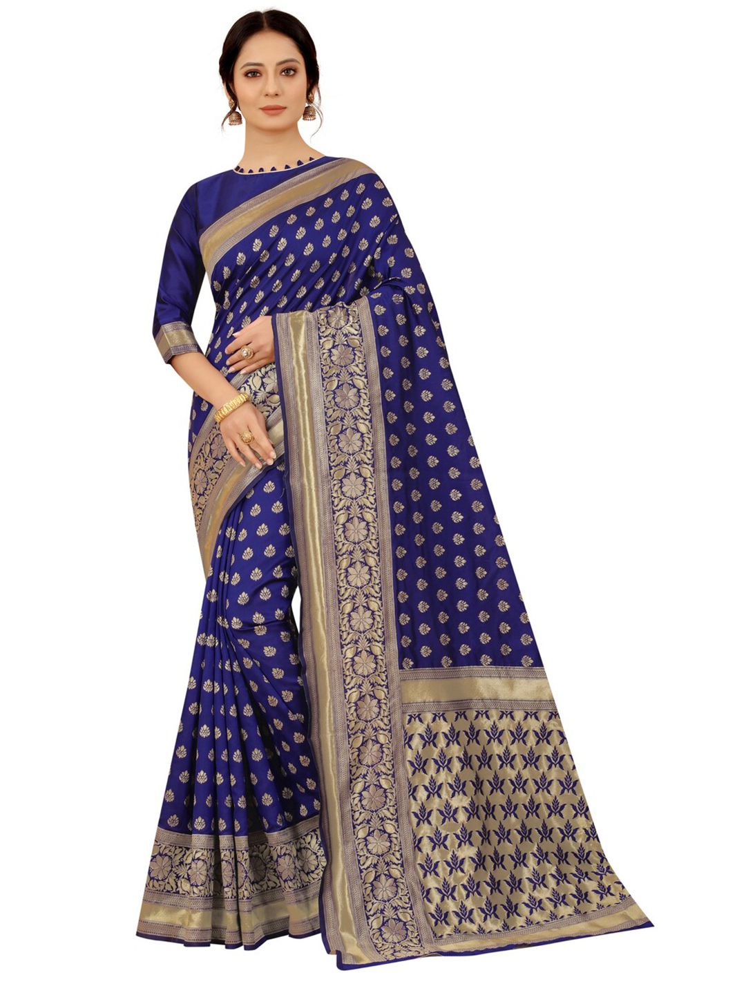 MOKSHA DESIGNS Blue & Gold-Toned Woven Design Zari Pure Silk Kanjeevaram Saree Price in India