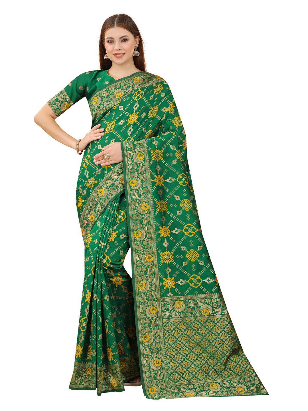 MOKSHA DESIGNS Green & Yellow Ethnic Motifs Zari Pure Silk Kanjeevaram Saree Price in India