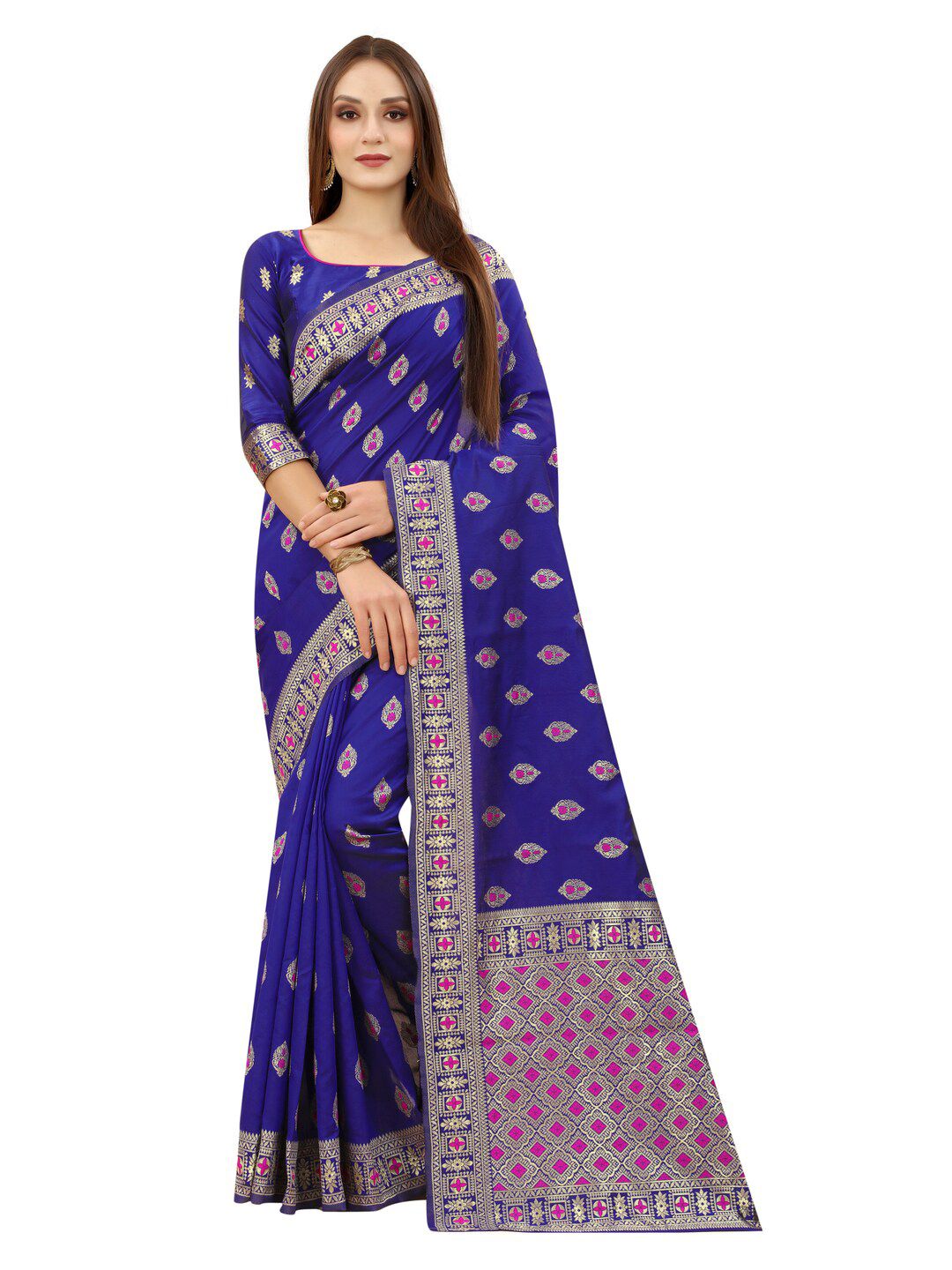 MOKSHA DESIGNS Blue & Pink Ethnic Motifs Zari Pure Silk Kanjeevaram Saree Price in India