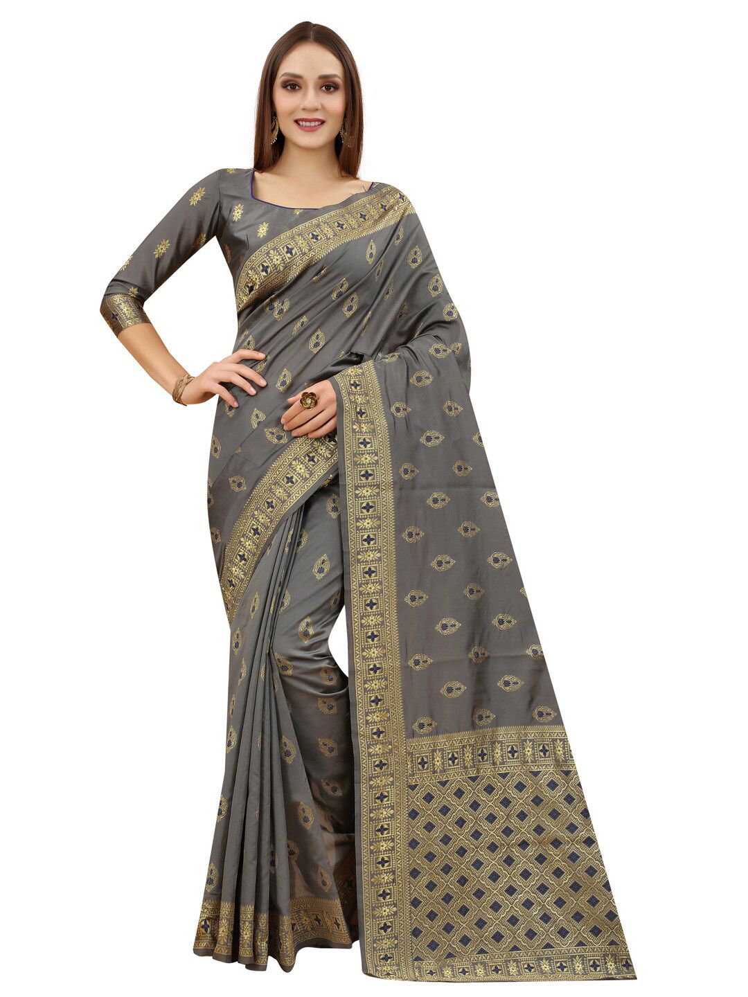 MOKSHA DESIGNS Grey & Gold-Toned Ethnic Motifs Zari Pure Silk Kanjeevaram Saree Price in India