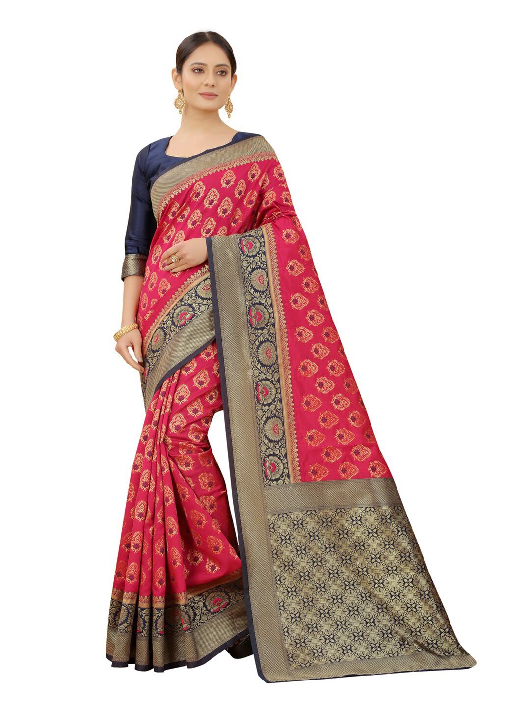 MOKSHA DESIGNS Pink & Navy Blue Ethnic Motifs Zari Pure Silk Kanjeevaram Saree Price in India