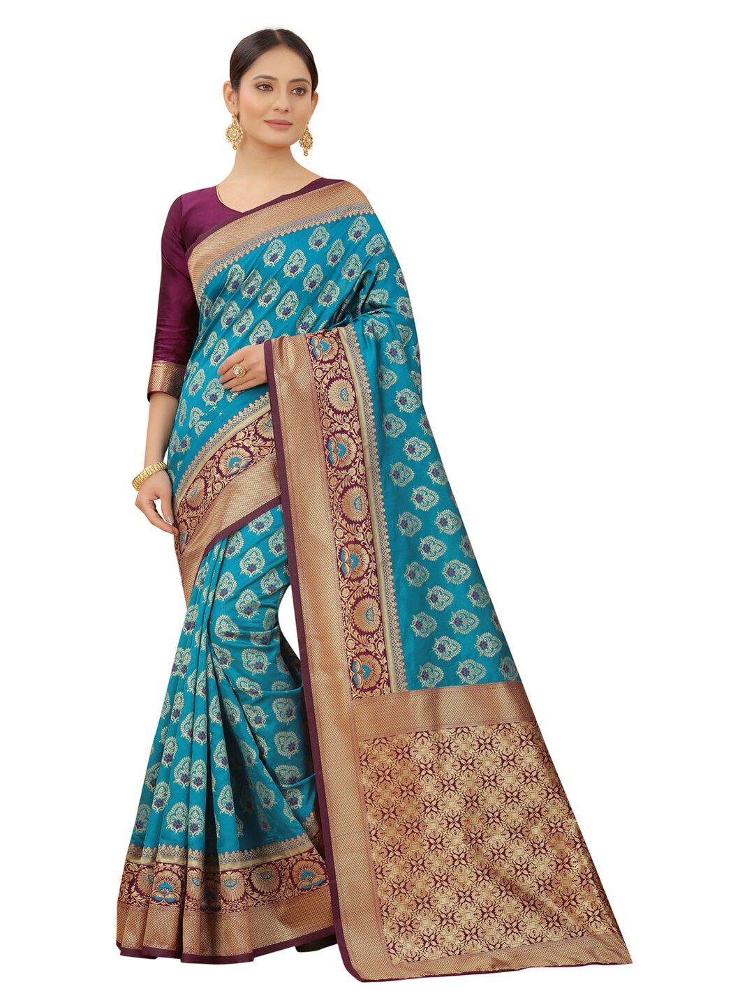 MOKSHA DESIGNS Turquoise Blue & Burgundy Ethnic Motifs Zari Pure Silk Kanjeevaram Saree Price in India