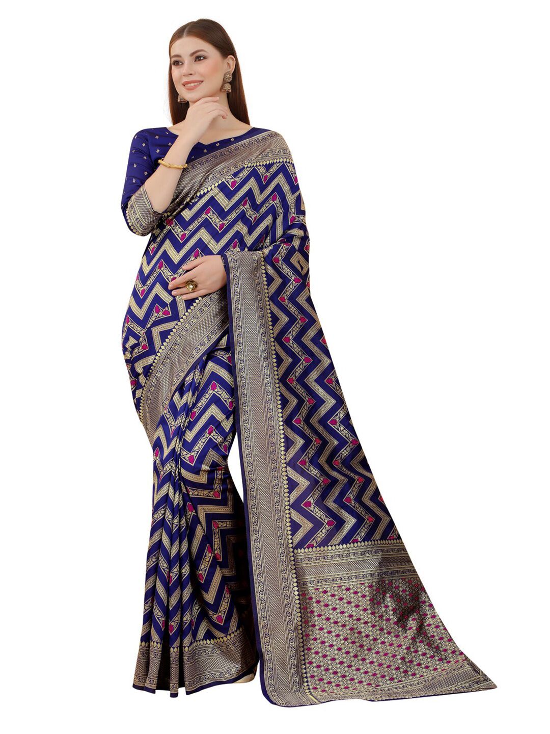 MOKSHA DESIGNS Blue & Gold-Toned Zari Pure Silk Kanjeevaram Saree Price in India