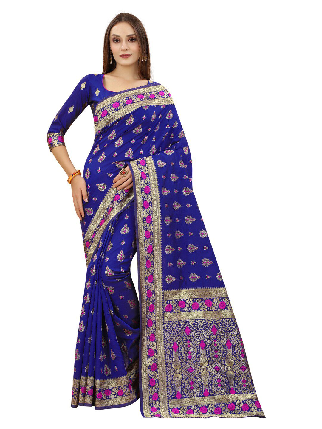 MOKSHA DESIGNS Blue & Gold-Toned Ethnic Motifs Zari Pure Silk Kanjeevaram Saree Price in India